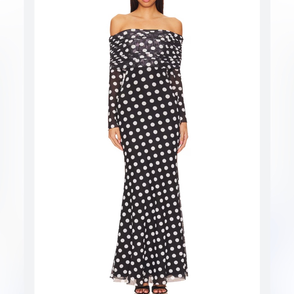 AFRM Thelma Dress Polka Dot Maxi Off The Shoulder Black and White Dress - Picture 2 of 5